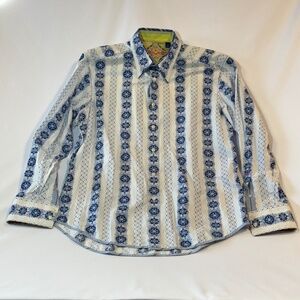 Robert Graham Mens Blue White Button Down Long Sleeve Dress Shirt